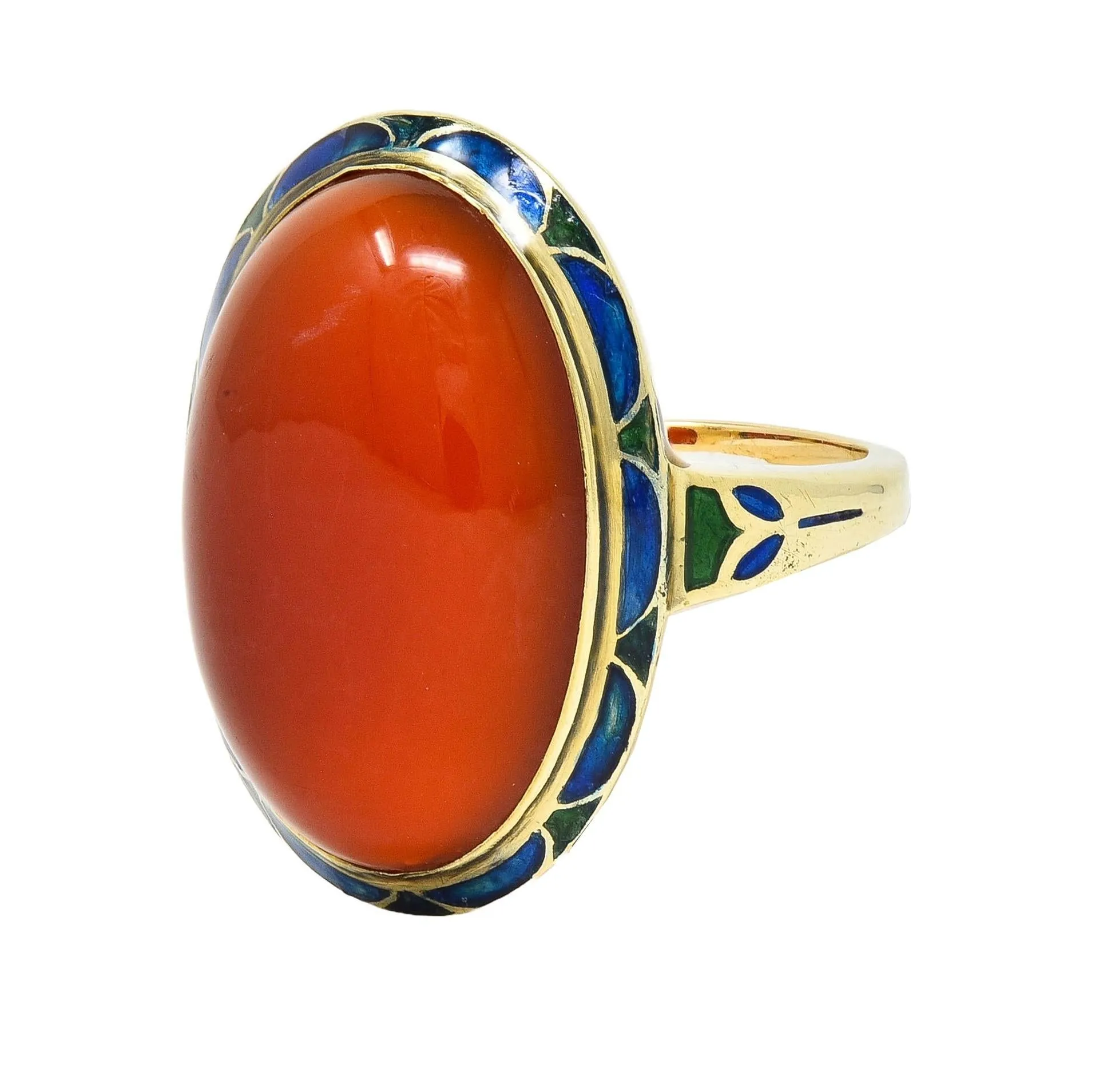 Jones & Woodland Co. Early Art Deco Carnelian Enamel 14 Karat Yellow Gold Antique Ring