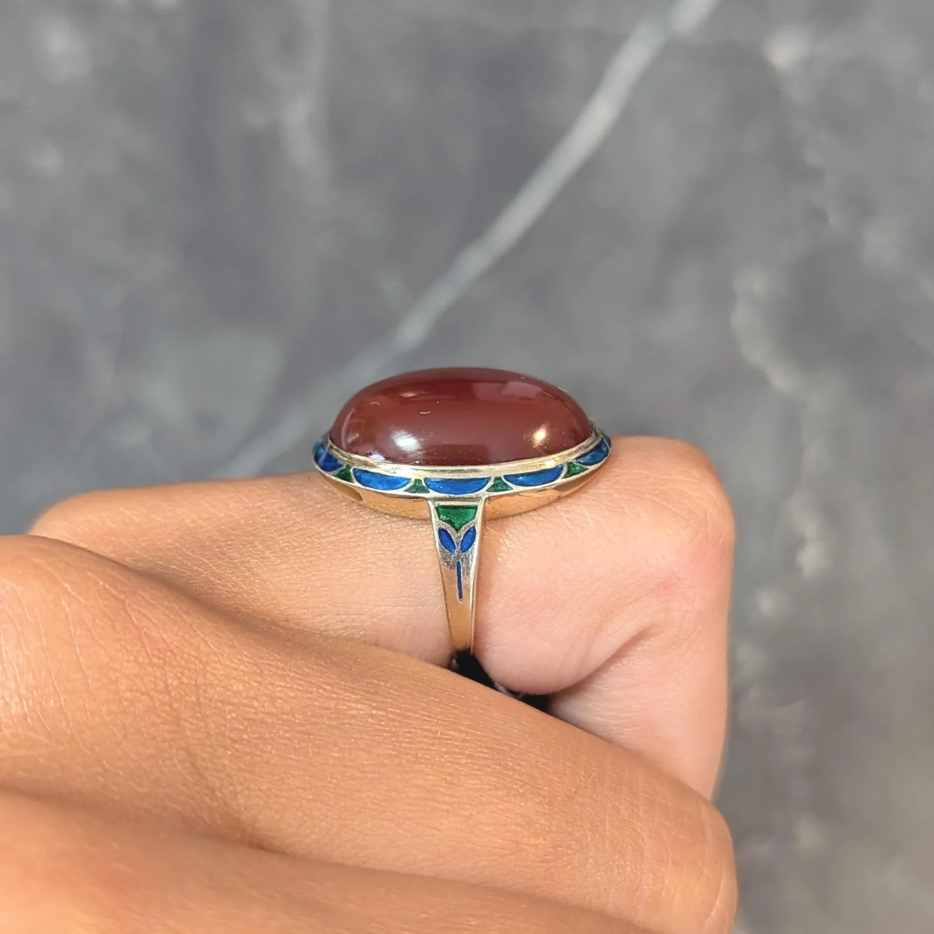 Jones & Woodland Co. Early Art Deco Carnelian Enamel 14 Karat Yellow Gold Antique Ring