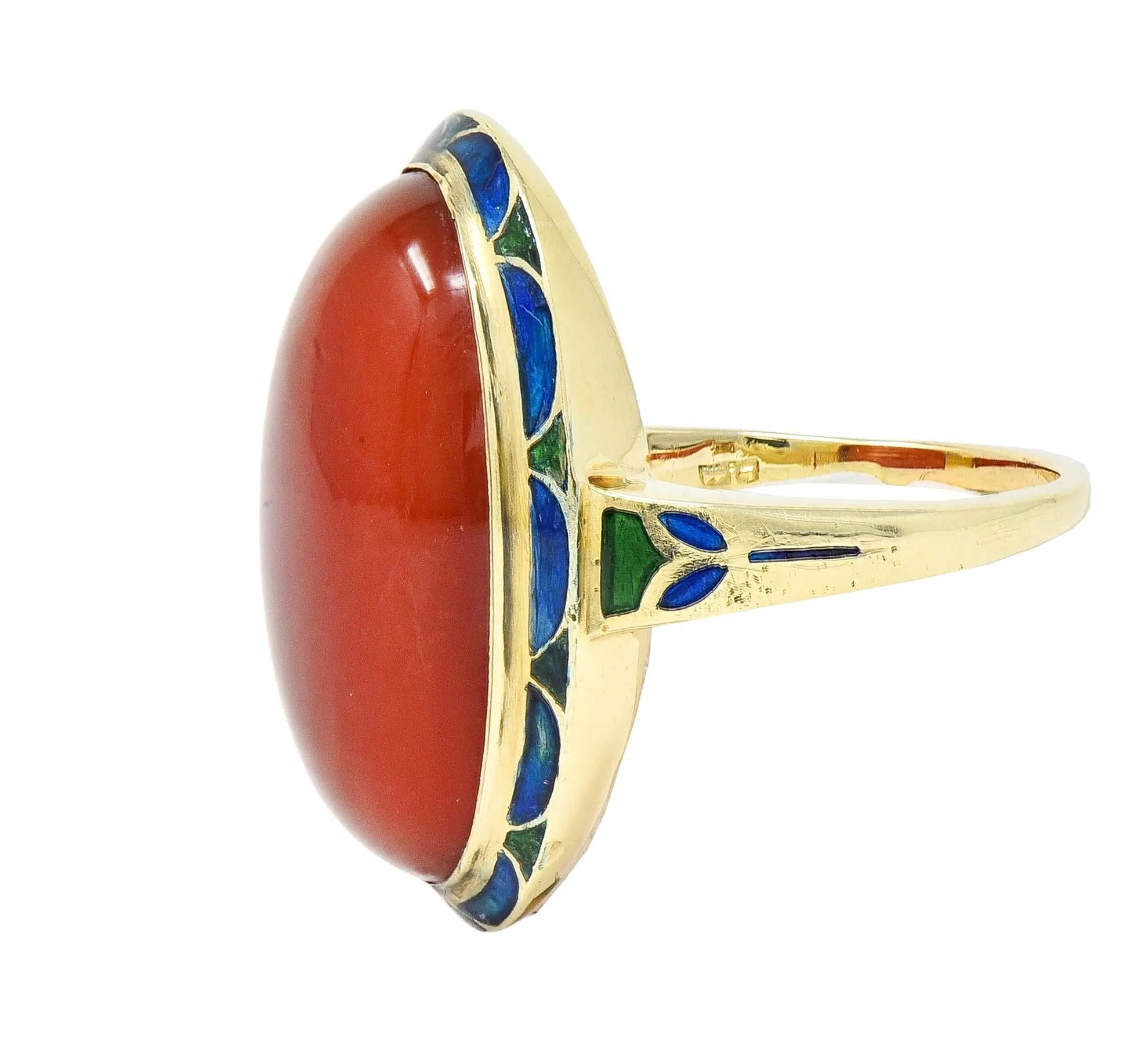 Jones & Woodland Co. Early Art Deco Carnelian Enamel 14 Karat Yellow Gold Antique Ring