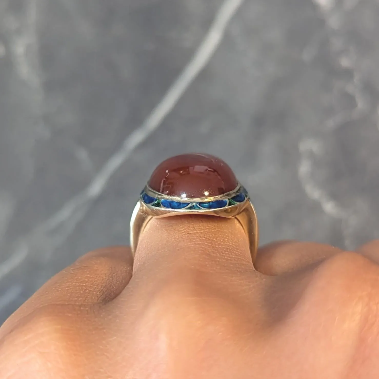 Jones & Woodland Co. Early Art Deco Carnelian Enamel 14 Karat Yellow Gold Antique Ring