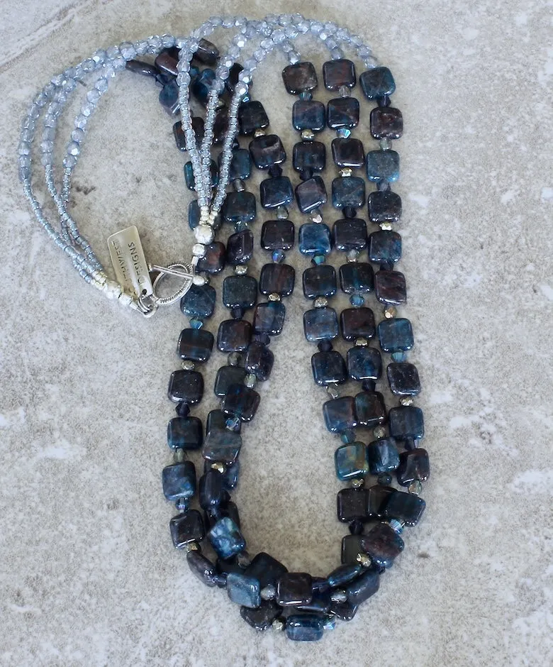 Kyanite Squares 3-Strand Necklace with Czech Glass, Pyrite Nuggets and Sterling Silver