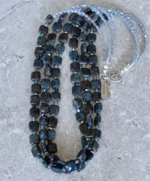Kyanite Squares 3-Strand Necklace with Czech Glass, Pyrite Nuggets and Sterling Silver