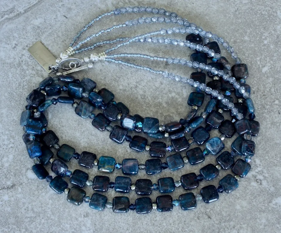 Kyanite Squares 3-Strand Necklace with Czech Glass, Pyrite Nuggets and Sterling Silver