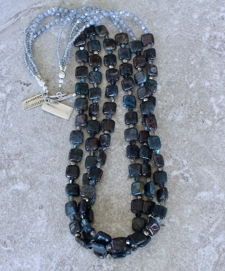 Kyanite Squares 3-Strand Necklace with Czech Glass, Pyrite Nuggets and Sterling Silver