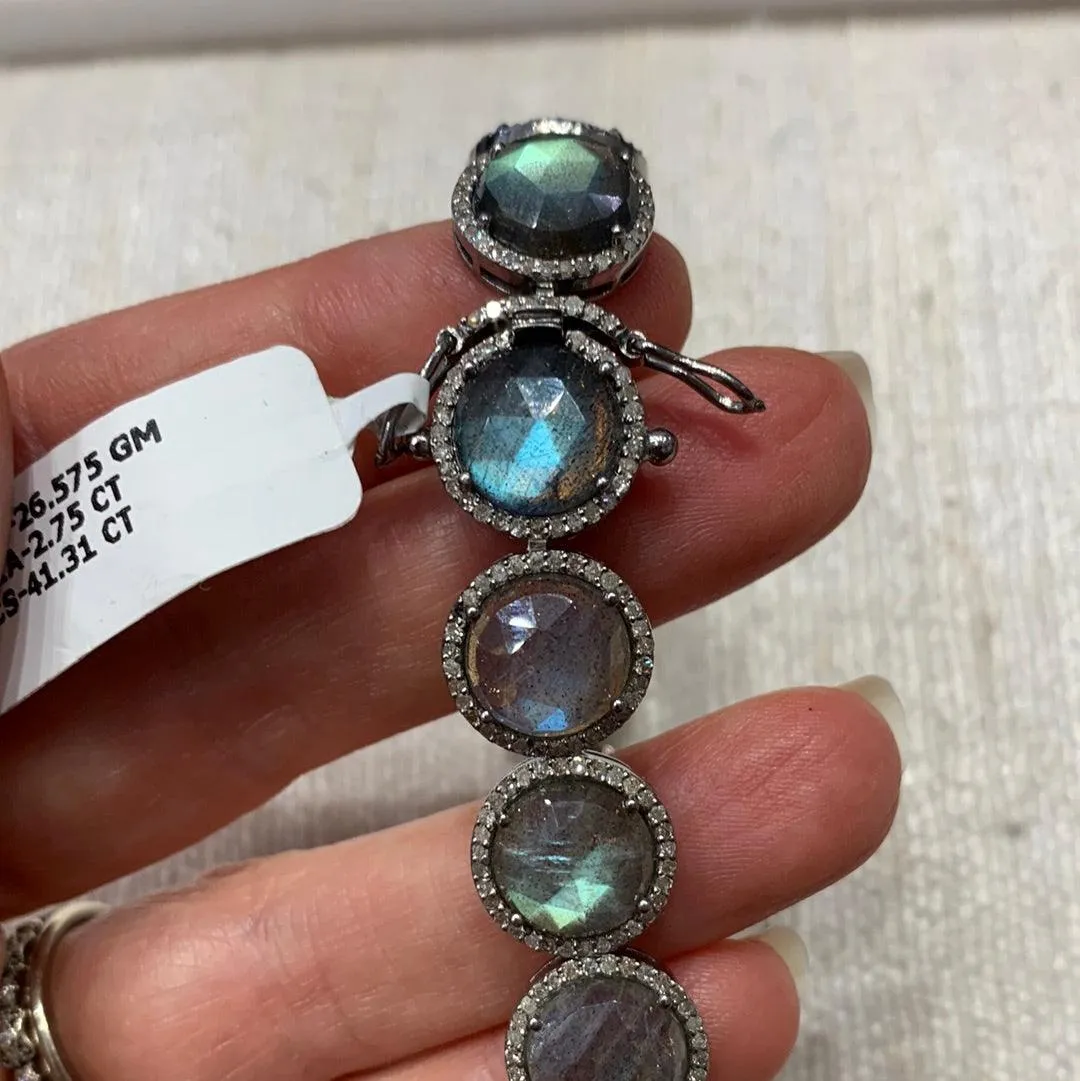 Labradorite & Diamond Silver Bracelet (7.5”)