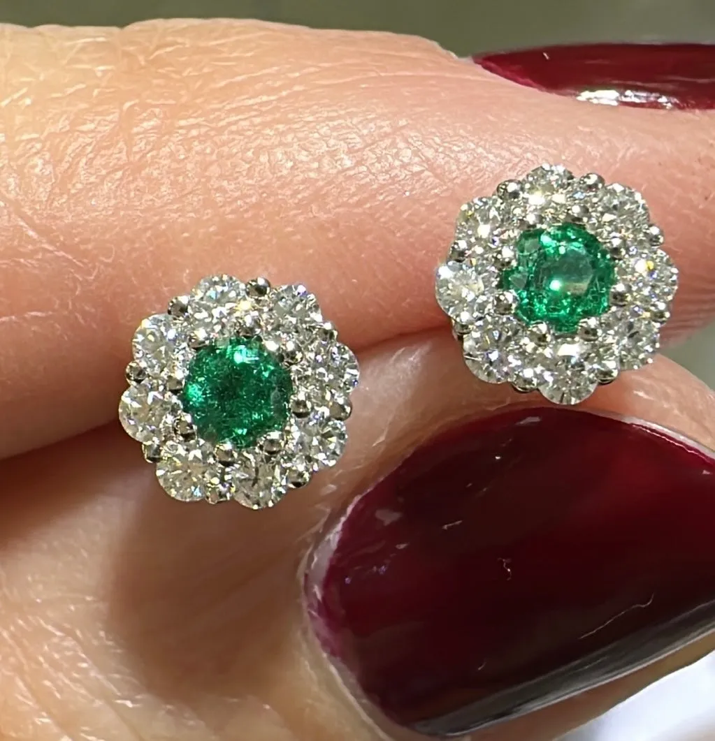 Ladies Green Emerald Diamond Stud Earrings