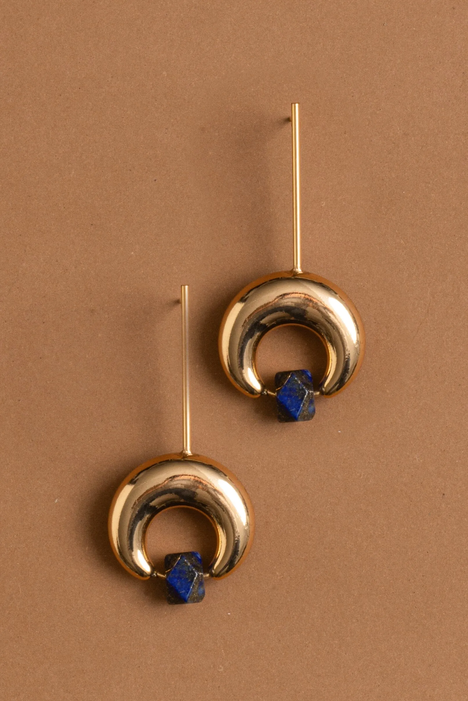 Lapis Gold Crescent Drop Earrings