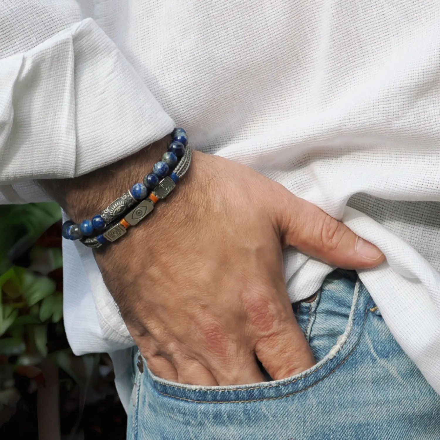 Lapis Lazuli & Sterling Silver Unique Evil Eye Symbol Beaded Bracelet