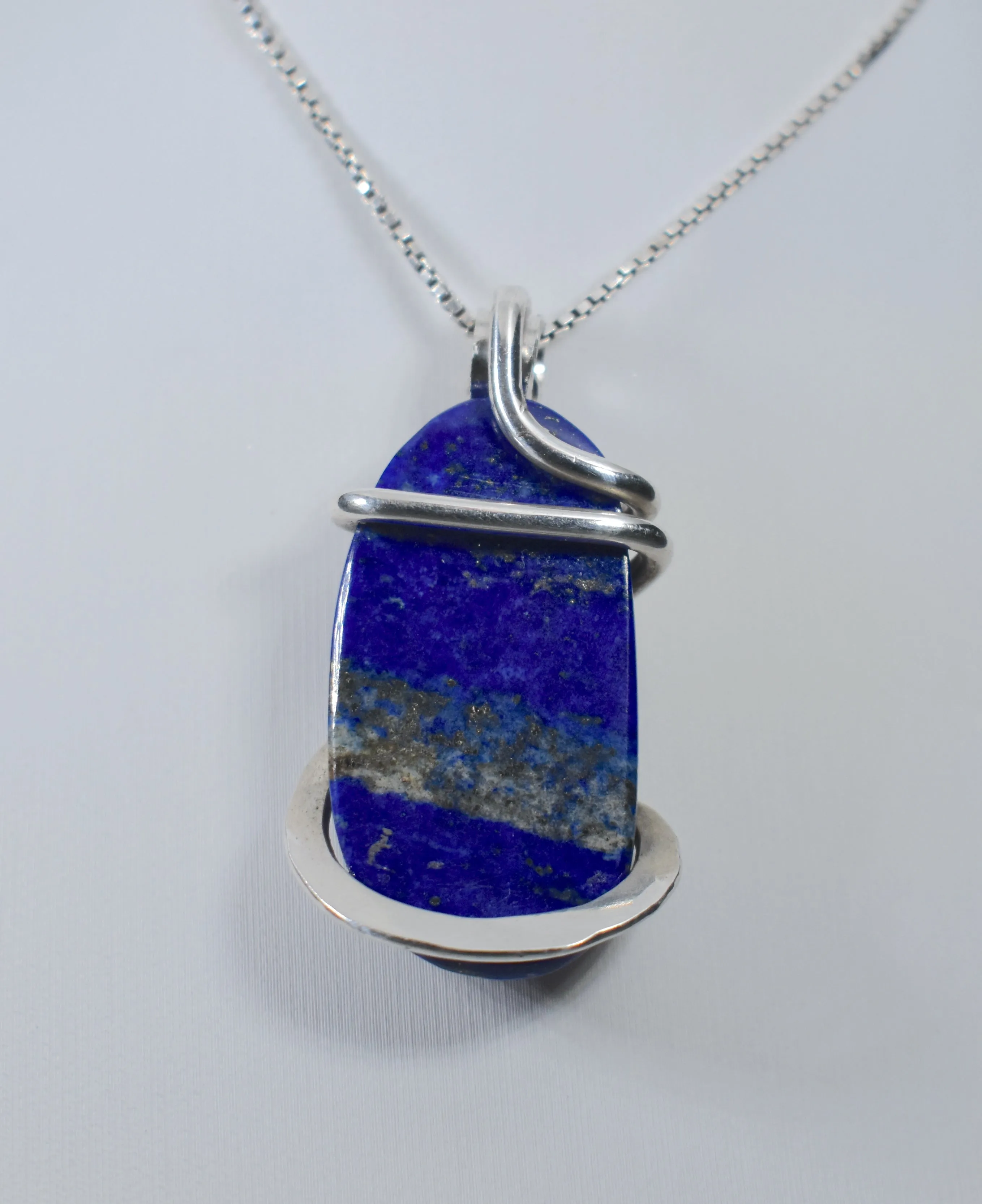 Lapis Lazuli and Pyrite Handmade Stone Pendant Wrapped in Silver