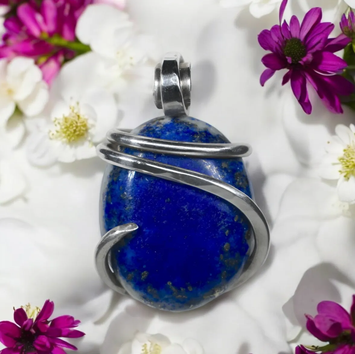 Lapis Lazuli and Pyrite Handmade Stone Pendant Wrapped in Silver