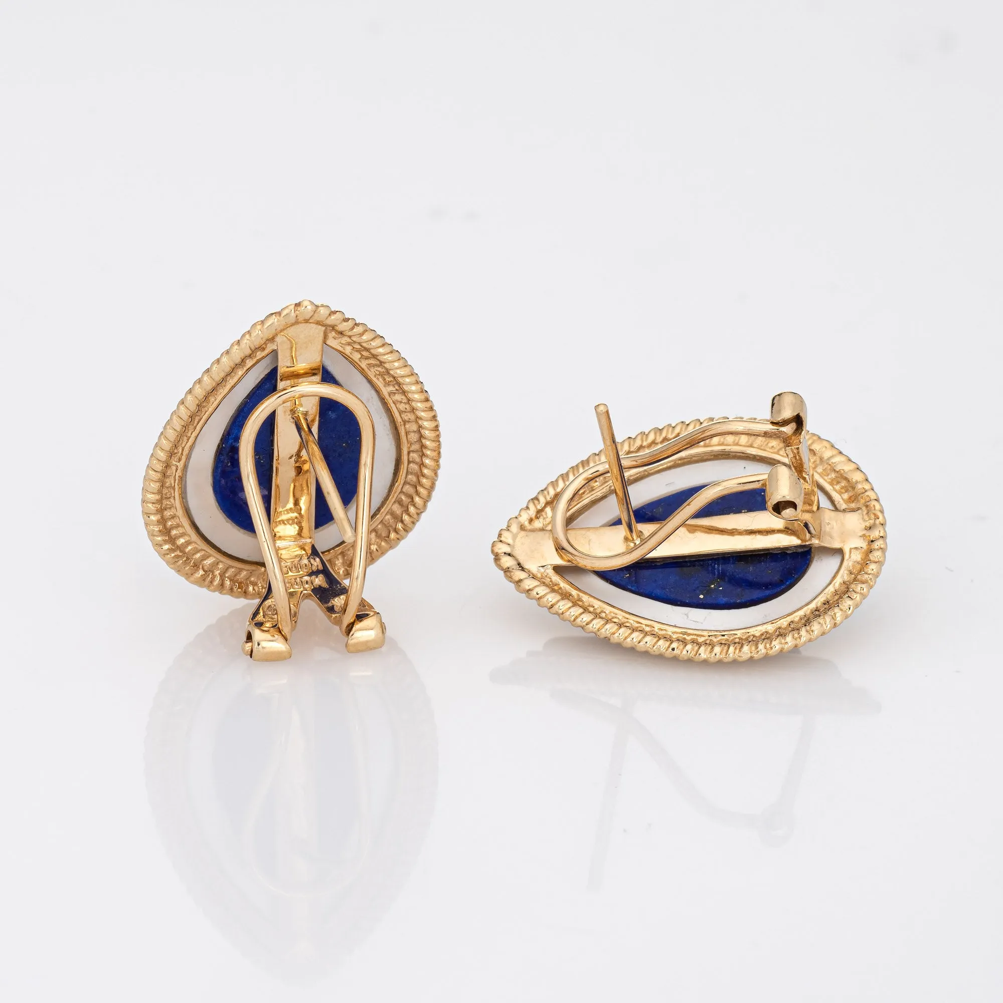Lapis Lazuli Mother of Pearl Earrings Vintage 14k Yellow Gold Teardrop Clips