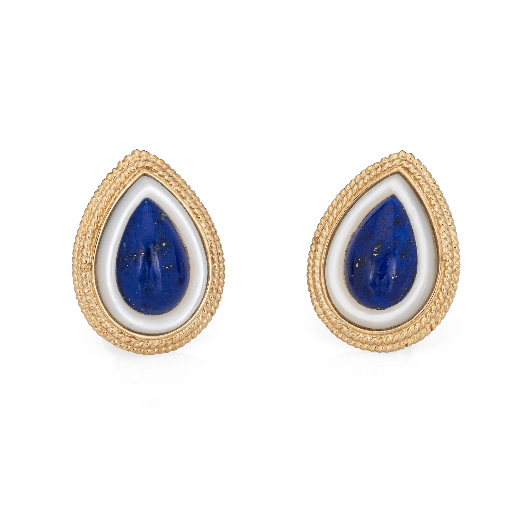 Lapis Lazuli Mother of Pearl Earrings Vintage 14k Yellow Gold Teardrop Clips