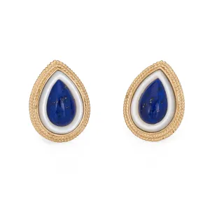 Lapis Lazuli Mother of Pearl Earrings Vintage 14k Yellow Gold Teardrop Clips