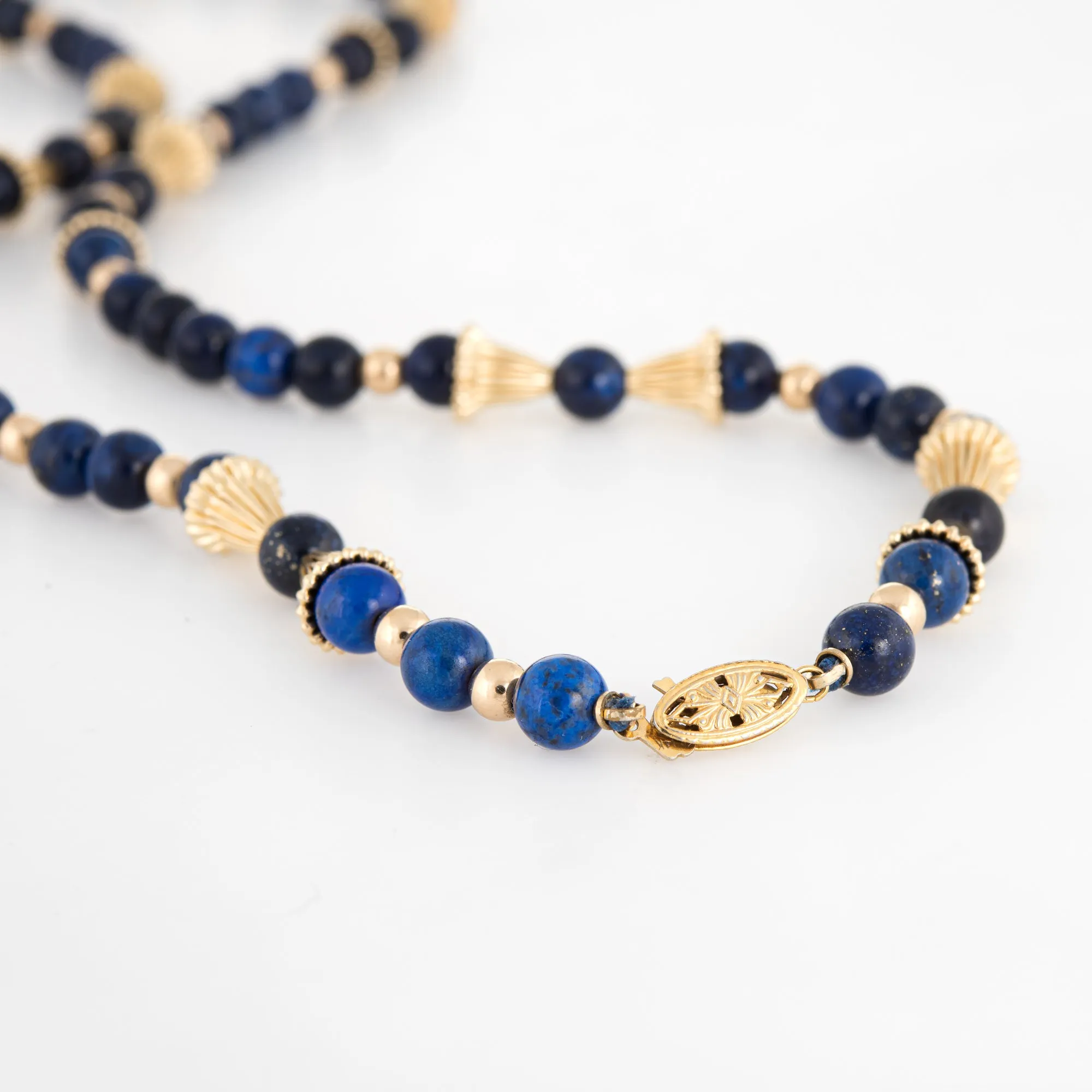 Lapis Lazuli Necklace 14k Yellow Gold Bead Separators Fluted 21" Matinee Vintage