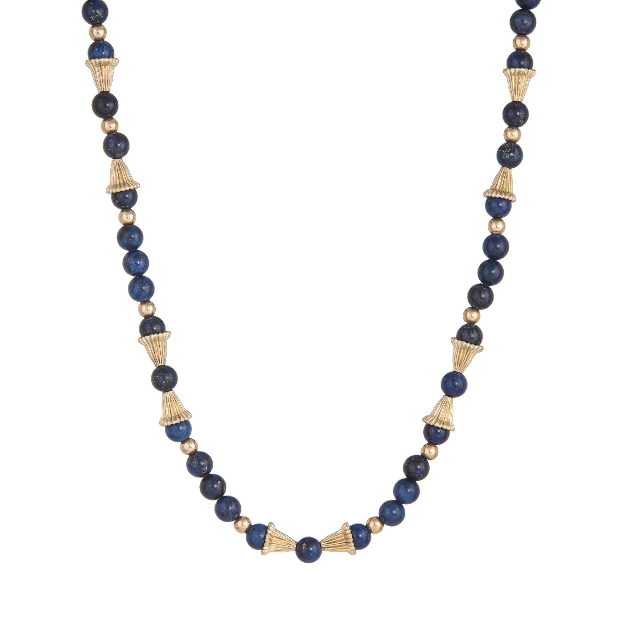 Lapis Lazuli Necklace 14k Yellow Gold Bead Separators Fluted 21" Matinee Vintage