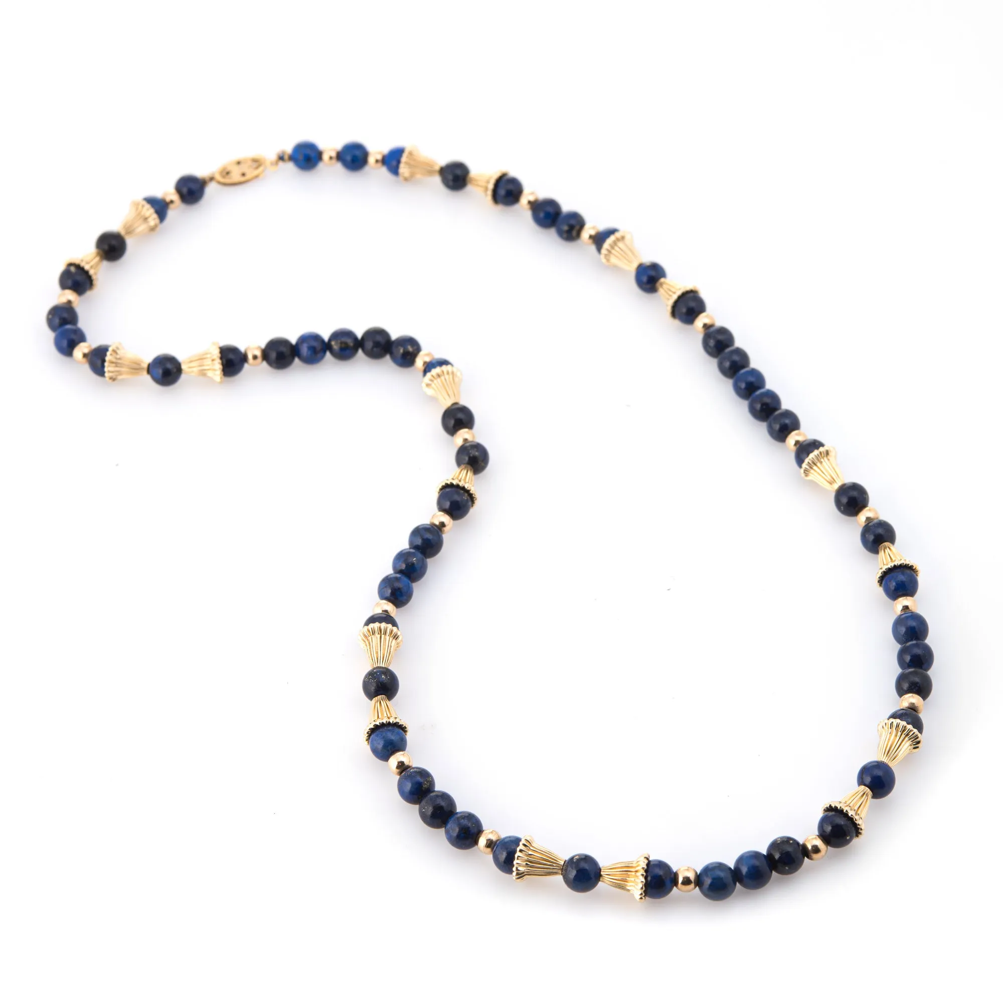 Lapis Lazuli Necklace 14k Yellow Gold Bead Separators Fluted 21" Matinee Vintage