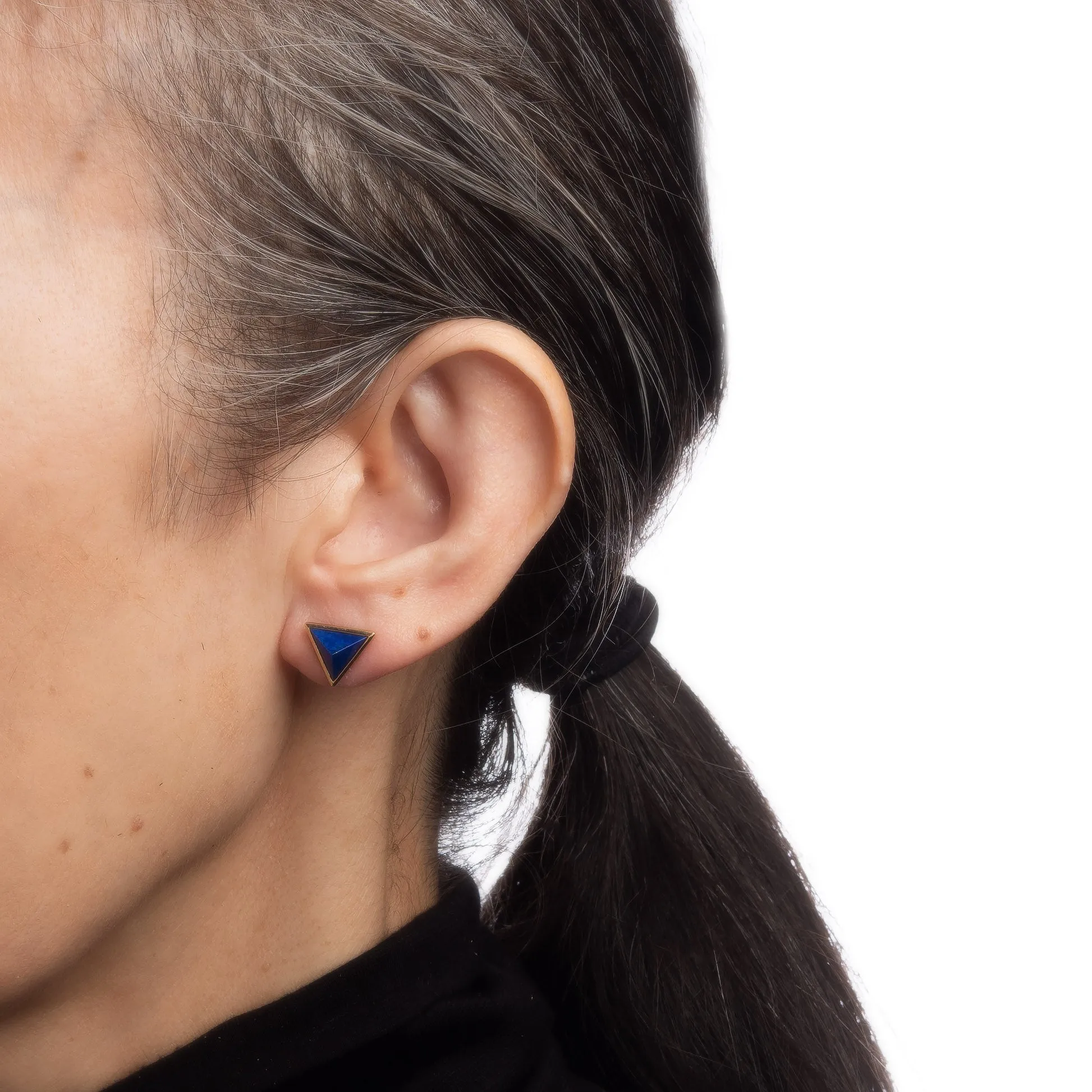 Lapis Lazuli Pyramid Stud Earrings Vintage 18k Yellow Gold Triangle Jewelry