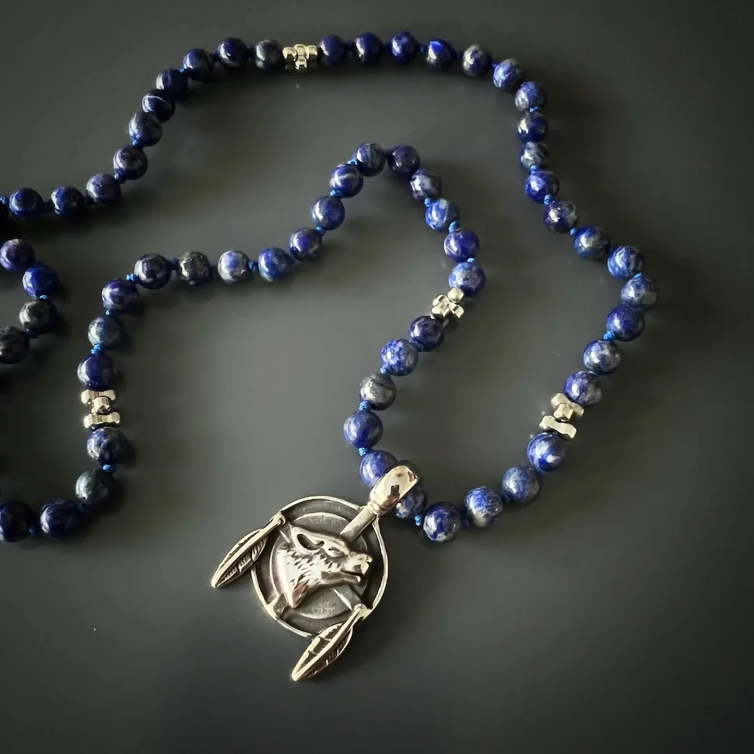 Lapis Lazuli Wolf Spirit Men's Beaded Necklace