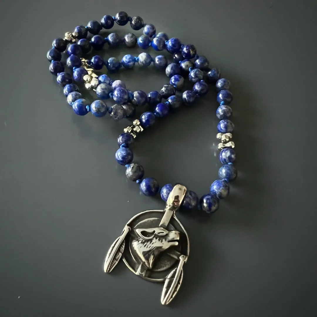 Lapis Lazuli Wolf Spirit Men's Beaded Necklace