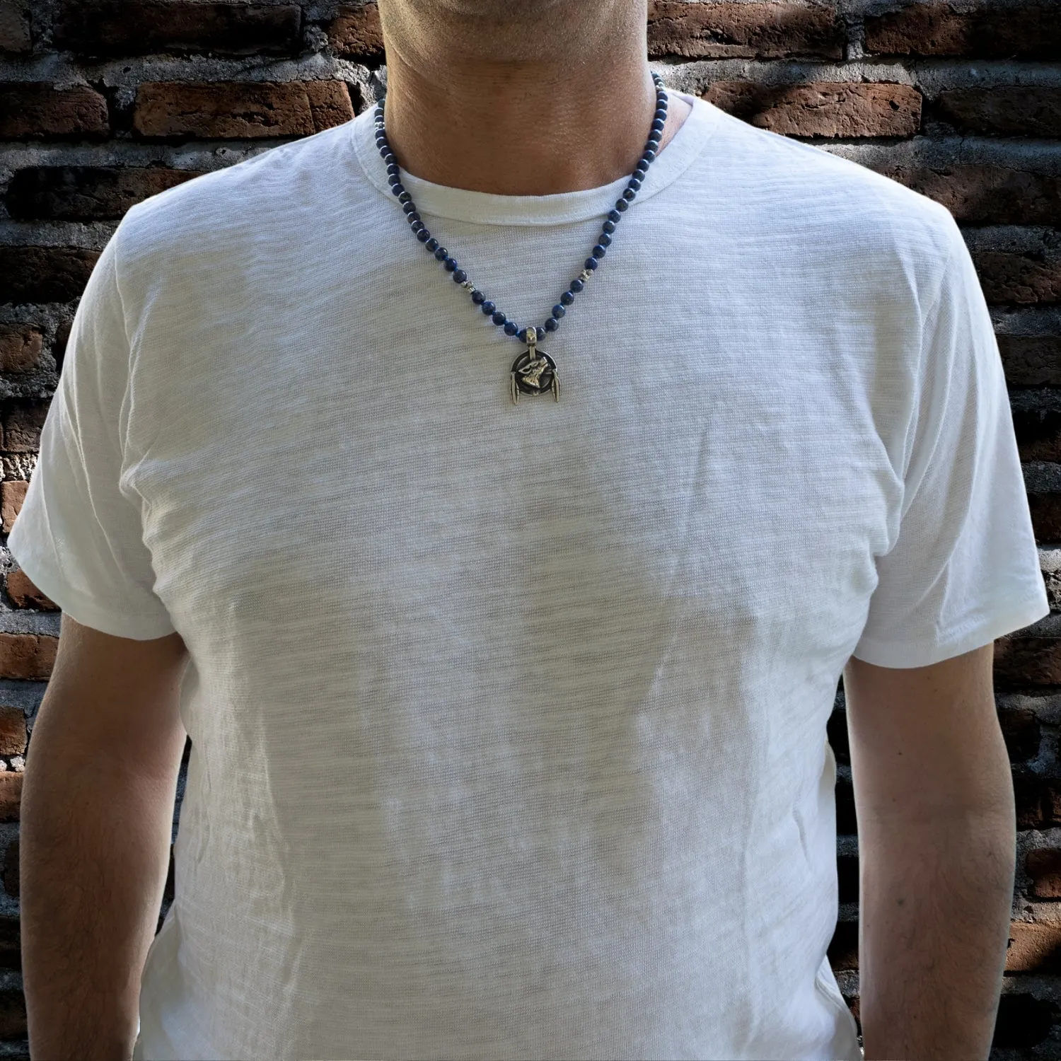 Lapis Lazuli Wolf Spirit Men's Beaded Necklace