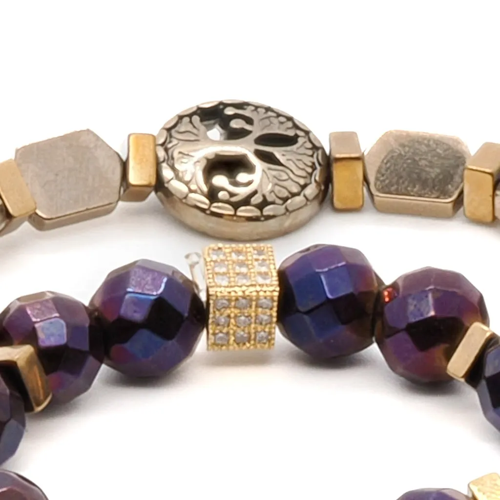 Life Journey Purple & Gold Hematite Stone Beaded Bracelet Set