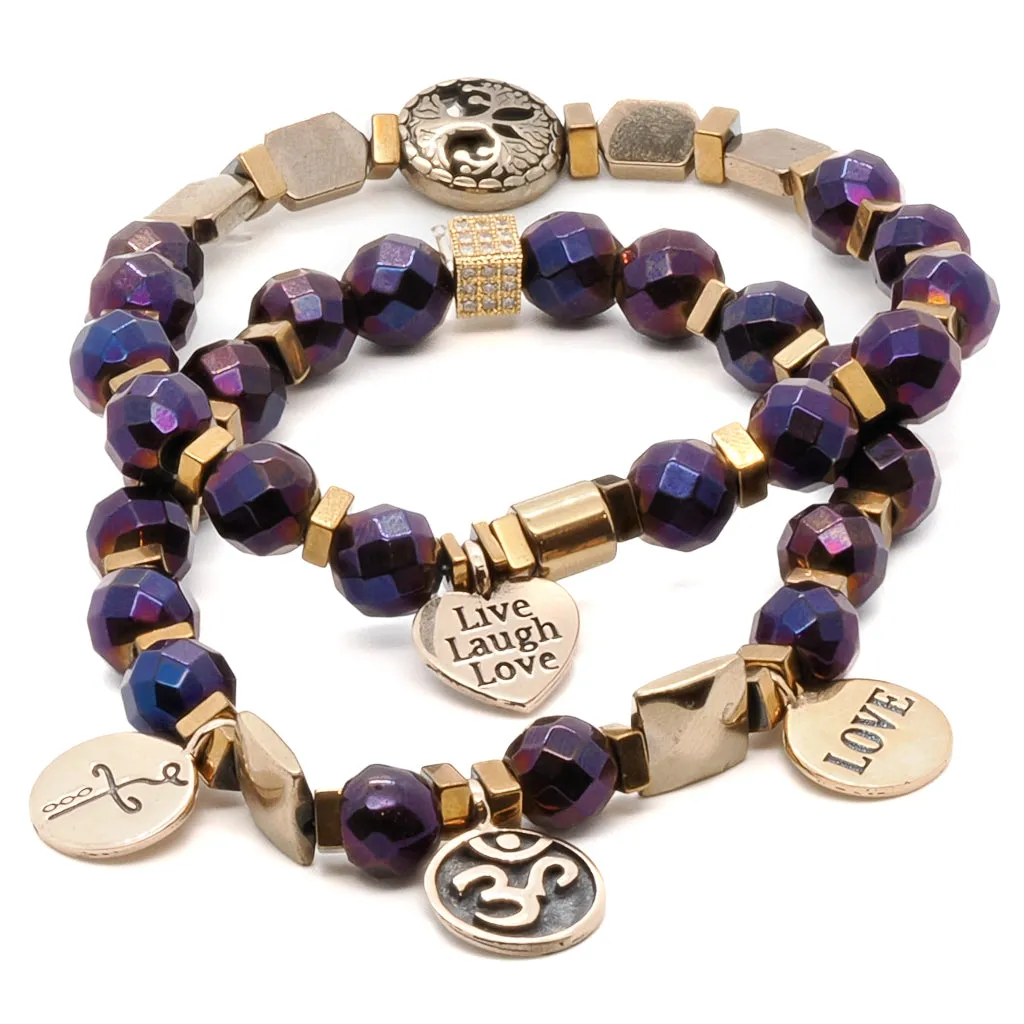 Life Journey Purple & Gold Hematite Stone Beaded Bracelet Set