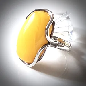 Long Natural Butterscotch Freeform Amber Ring in Silver