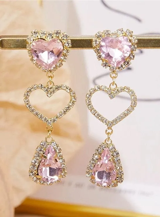 LUX Pink Rhinestone Heart Dangle Earrings