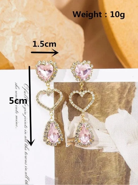 LUX Pink Rhinestone Heart Dangle Earrings