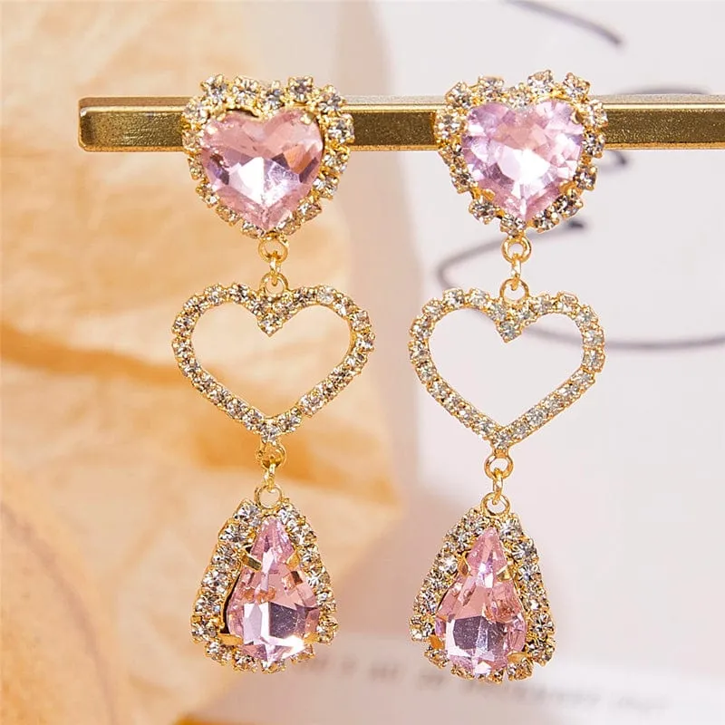 LUX Pink Rhinestone Heart Dangle Earrings