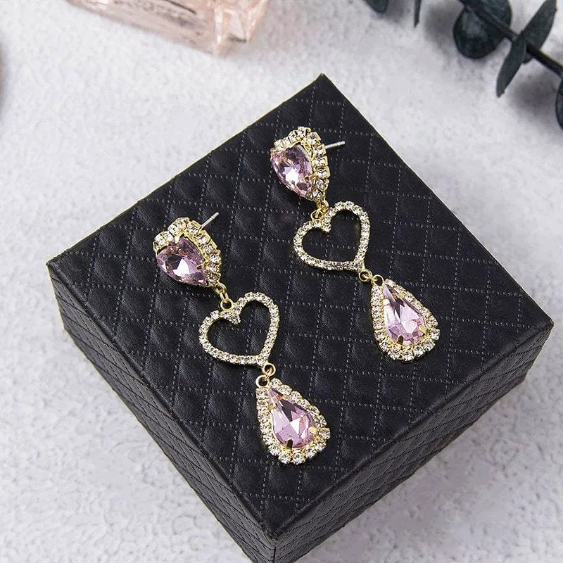 LUX Pink Rhinestone Heart Dangle Earrings