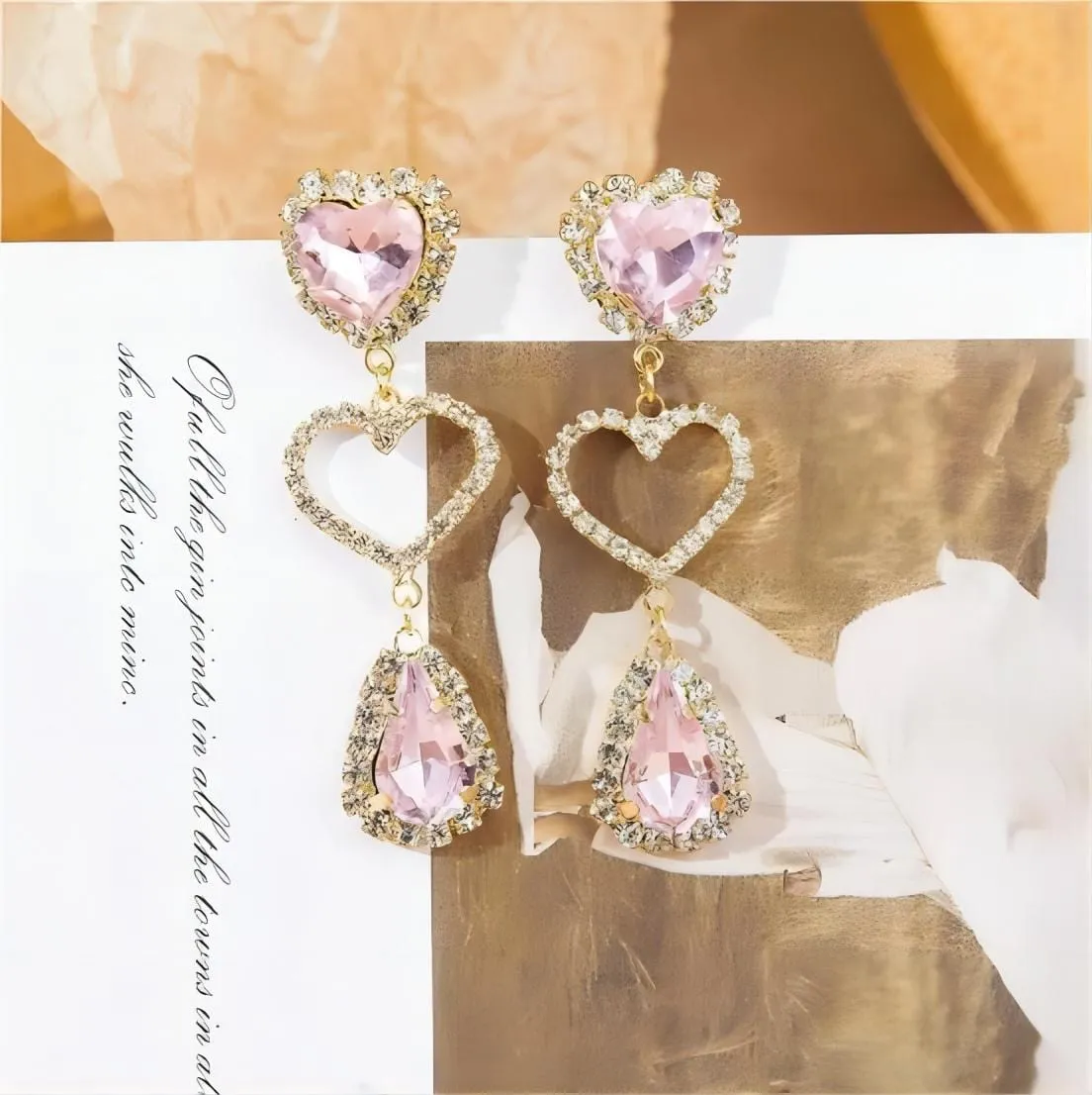 LUX Pink Rhinestone Heart Dangle Earrings