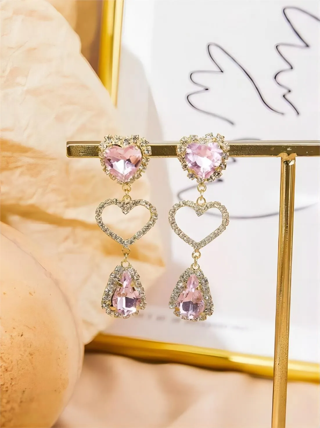LUX Pink Rhinestone Heart Dangle Earrings