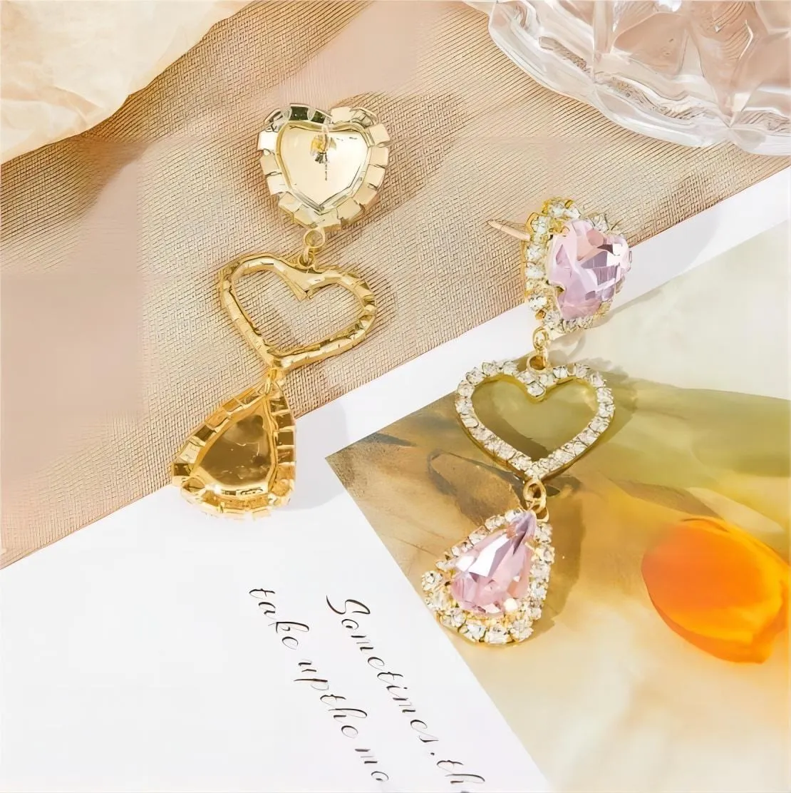 LUX Pink Rhinestone Heart Dangle Earrings