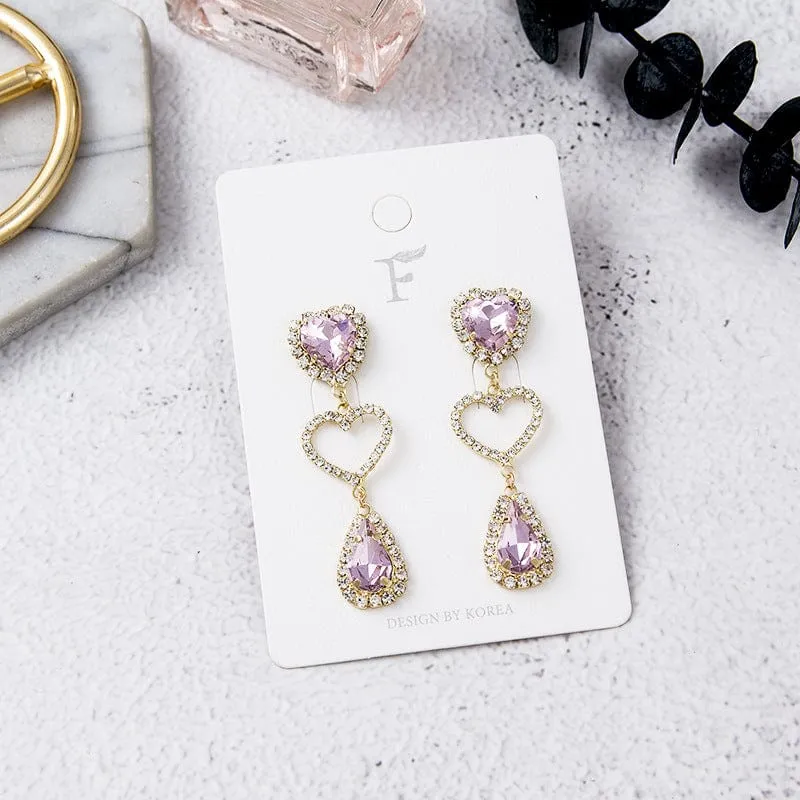 LUX Pink Rhinestone Heart Dangle Earrings