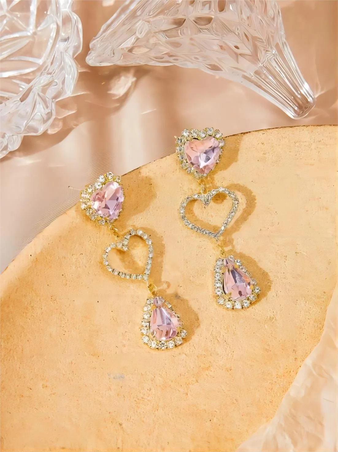 LUX Pink Rhinestone Heart Dangle Earrings