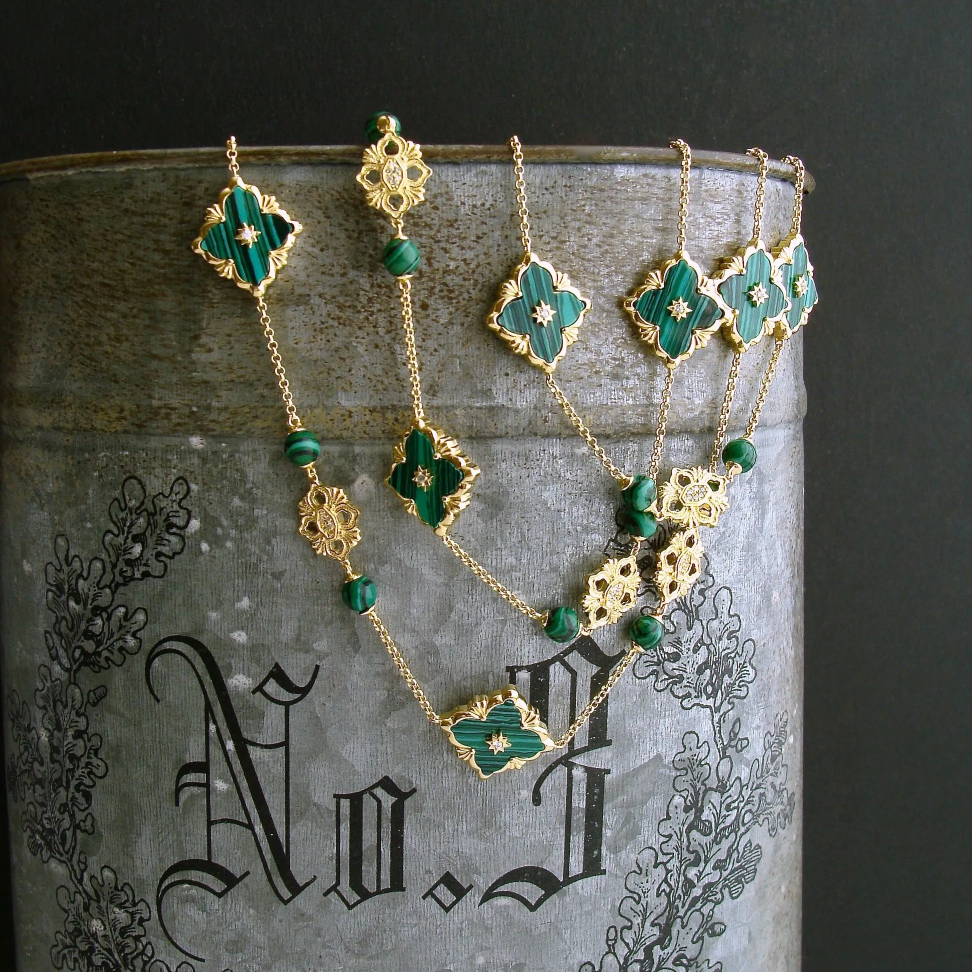 Malachite CZ  Stations Layering Necklace - Fiona II Necklace