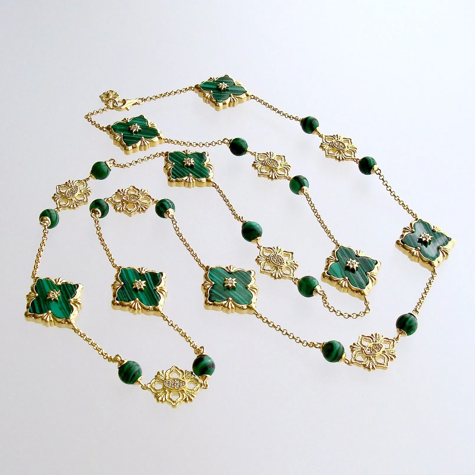Malachite CZ  Stations Layering Necklace - Fiona II Necklace