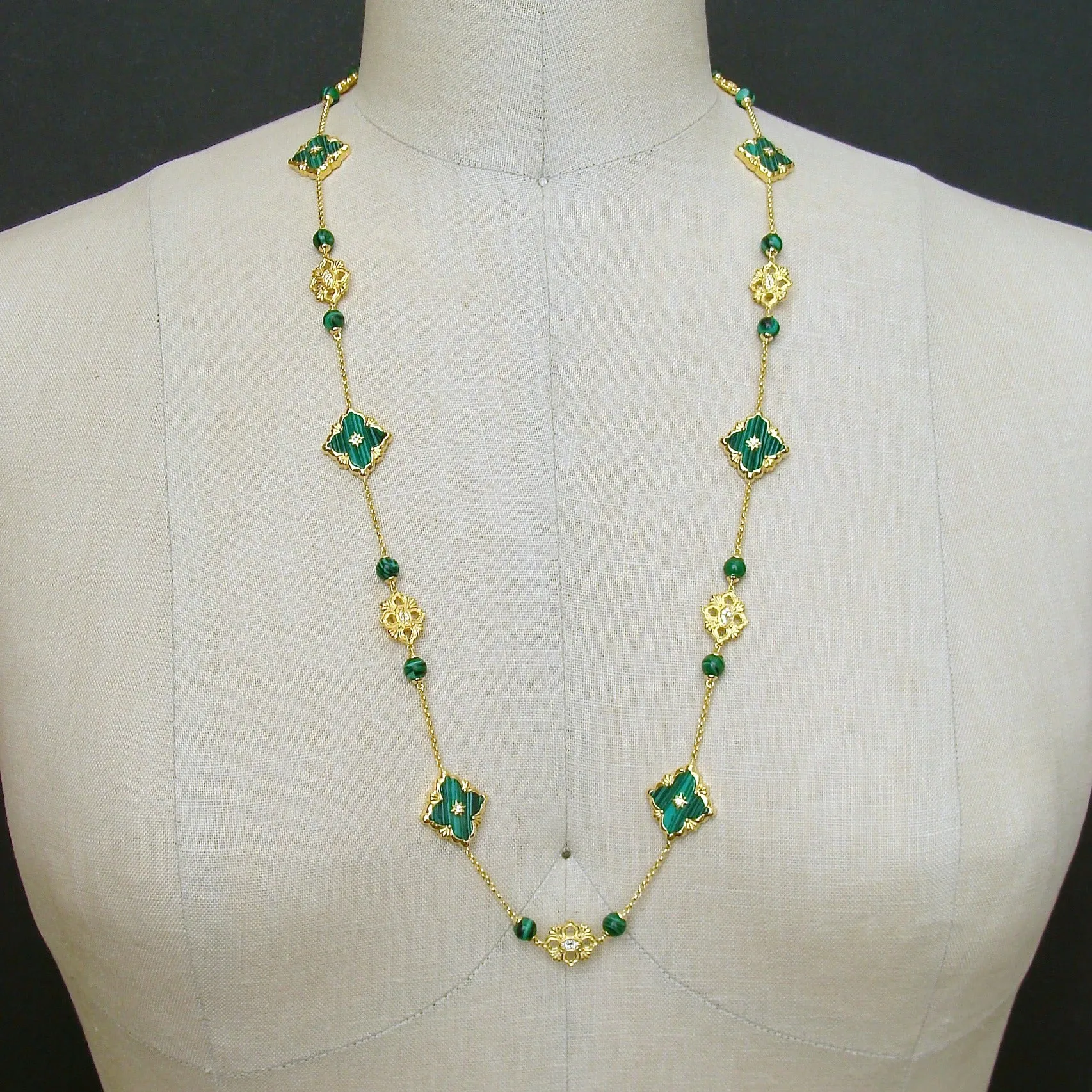 Malachite CZ  Stations Layering Necklace - Fiona II Necklace