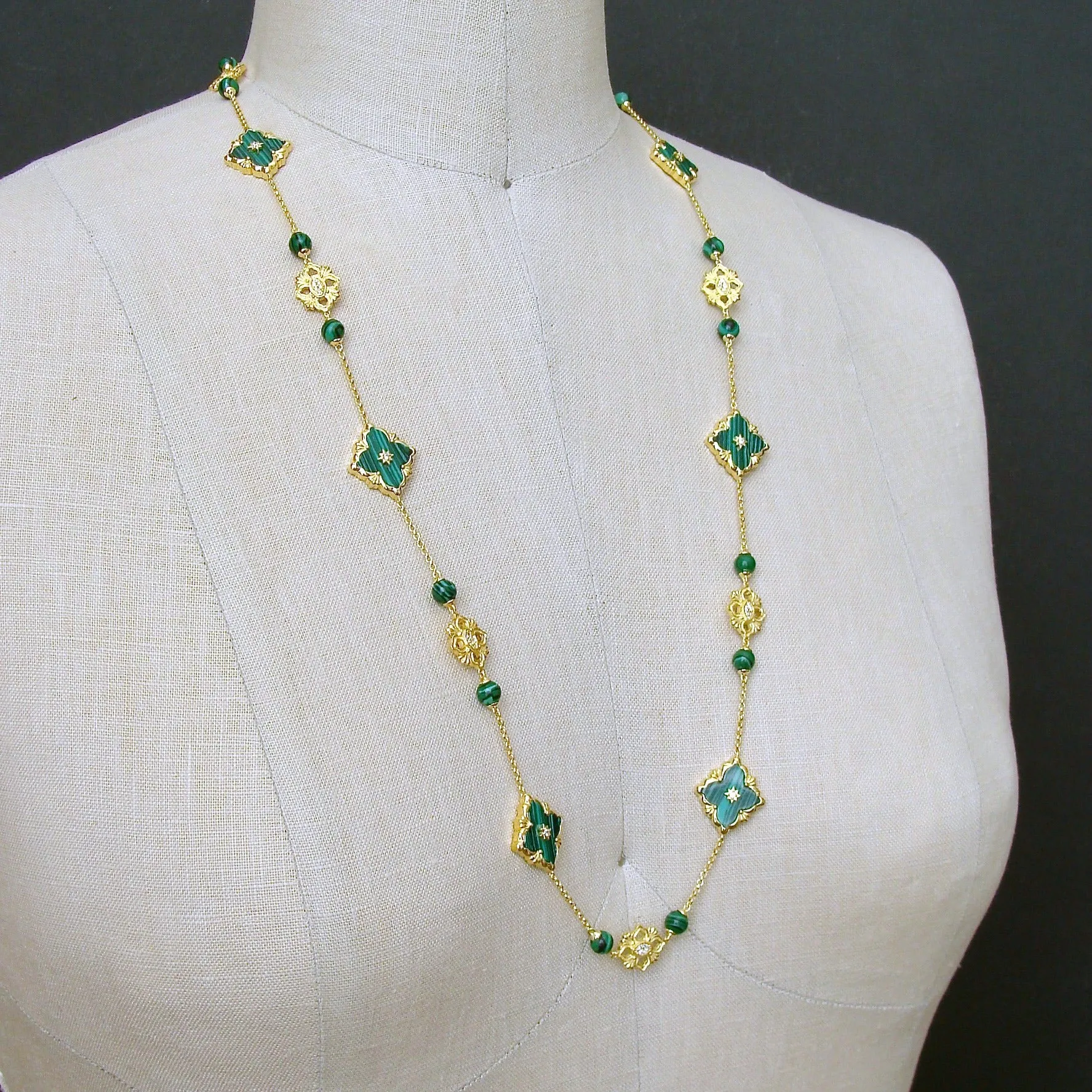 Malachite CZ  Stations Layering Necklace - Fiona II Necklace