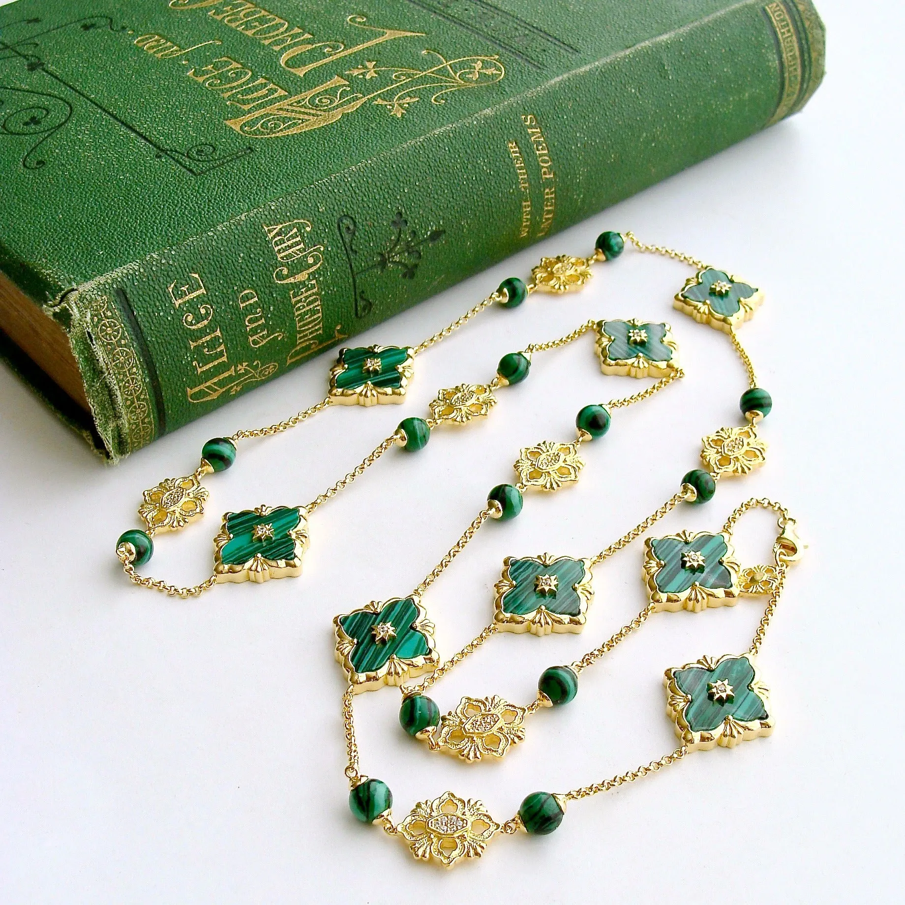 Malachite CZ  Stations Layering Necklace - Fiona II Necklace