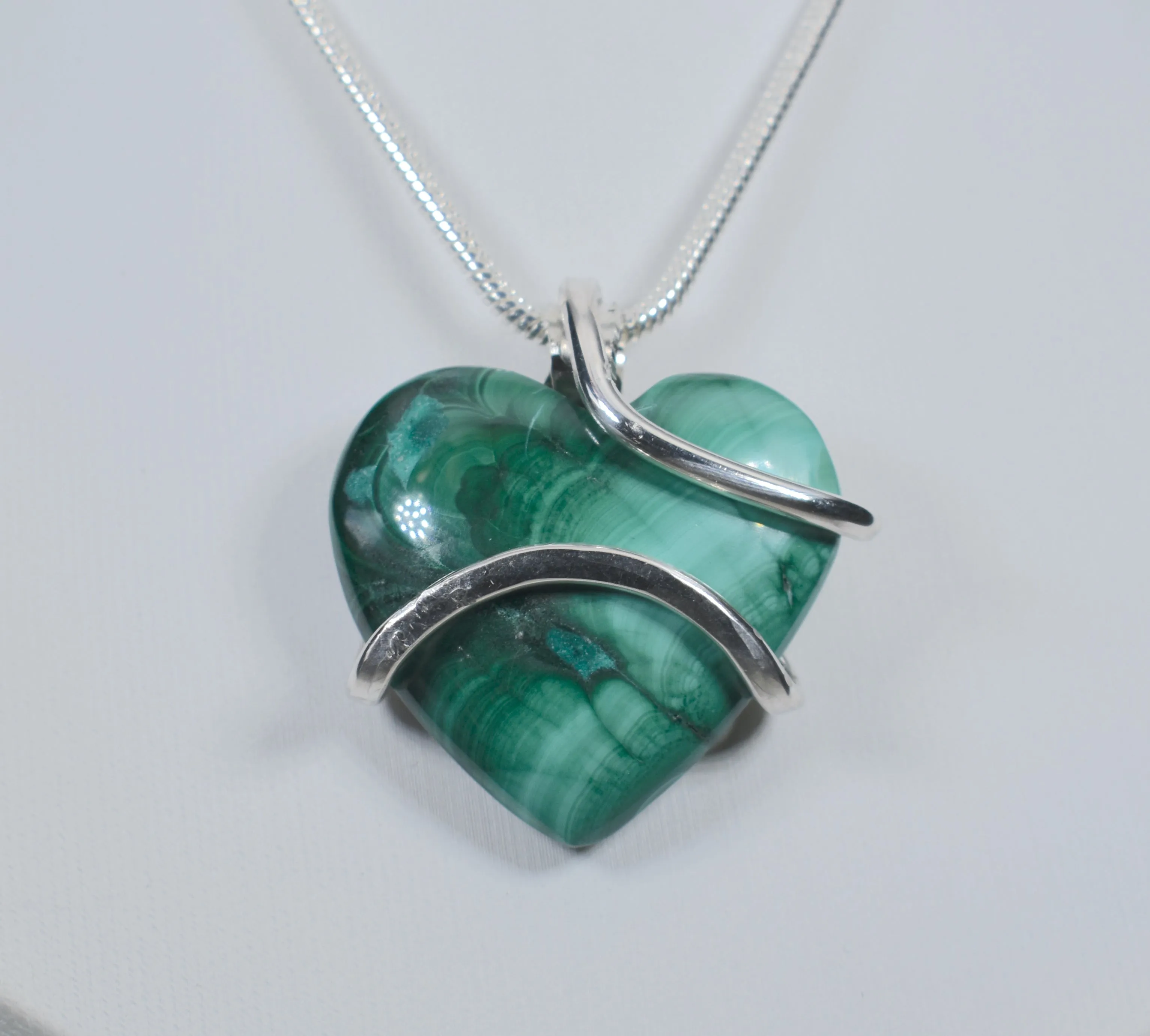Malachite Handmade Stone Pendant Wrapped in Silver