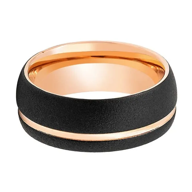 Men's Domed Rose Gold Inlaid Tungsten Wedding Band Sandblasted Finish - 8mm