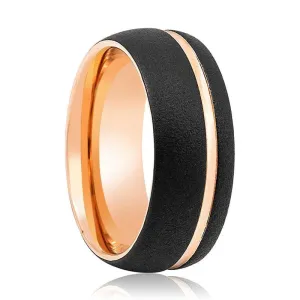 Men's Domed Rose Gold Inlaid Tungsten Wedding Band Sandblasted Finish - 8mm