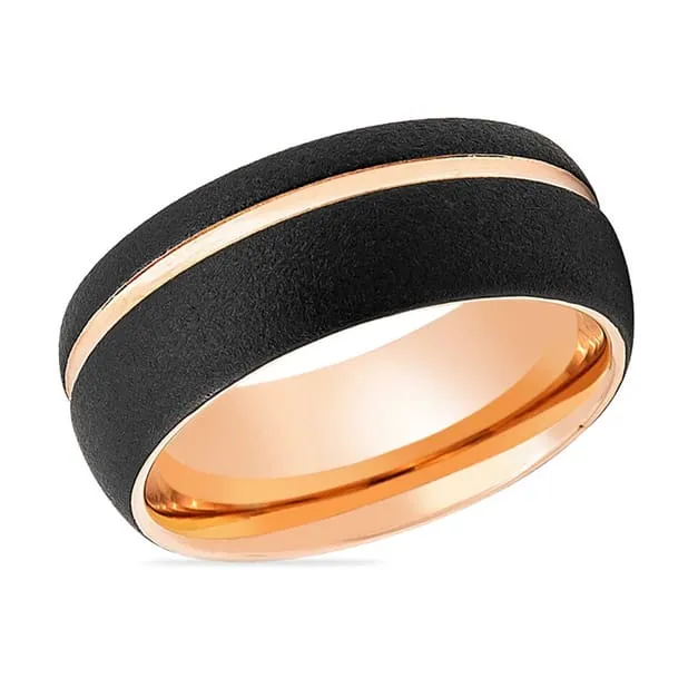 Men's Domed Rose Gold Inlaid Tungsten Wedding Band Sandblasted Finish - 8mm
