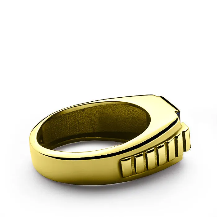 Men's Ring 10K Yellow Gold with Blue Sapphire and Natural Diamonds, Men's Gemstone RIng