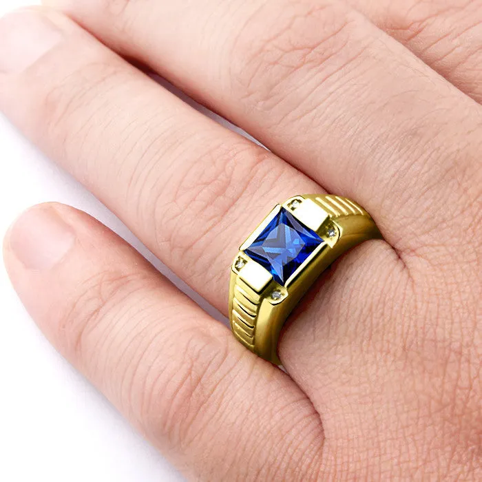 Men's Ring 10K Yellow Gold with Blue Sapphire and Natural Diamonds, Men's Gemstone RIng