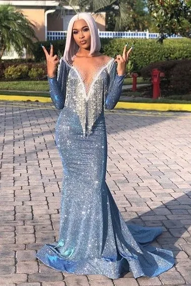 Mermaid Transparent Deep V-neck -Round Collar Floor Length Sequin Fringe Prom Dress