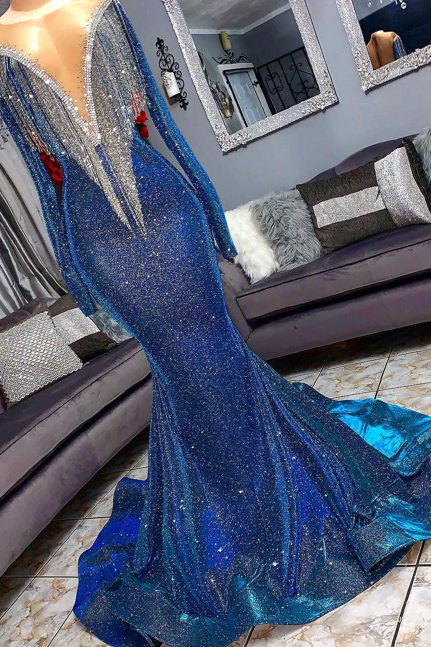 Mermaid Transparent Deep V-neck -Round Collar Floor Length Sequin Fringe Prom Dress
