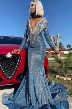 Mermaid Transparent Deep V-neck -Round Collar Floor Length Sequin Fringe Prom Dress